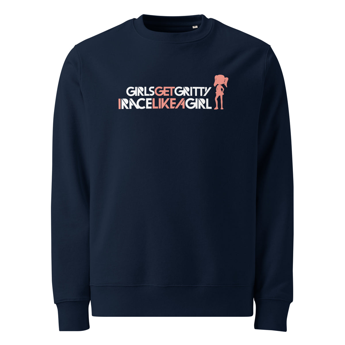 IRACELIKEAGIRL Stanley/Stella Changer crewneck sweatshirt in French Navy with the white and coral GIRLSGETGRITTY IRACELIKEAGIRL logo on the front