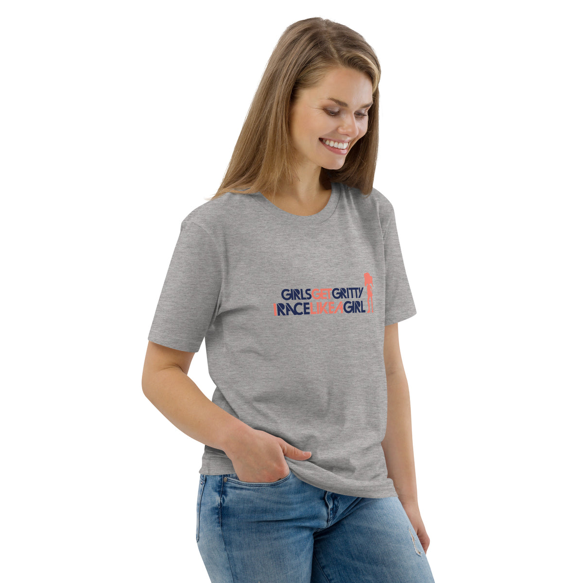 Model wearing the IRACELIKEAGIRL Stanley/Stella Creator unisex tee in Heather Grey with the navy and coral GIRLSGETGRITTY IRACELIKEAGIRL logo on the front
