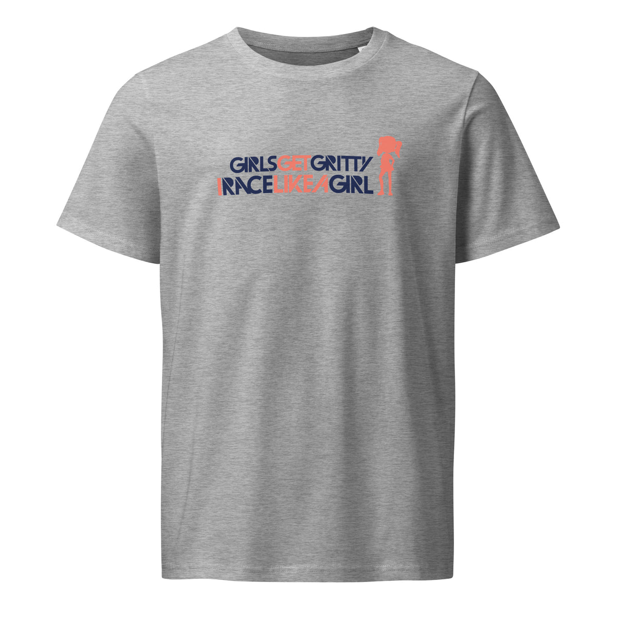 IRACELIKEAGIRL Stanley/Stella Crafter unisex tee in Heather Grey with the navy and coral GIRLSGETGRITTY IRACELIKEAGIRL logo on the front