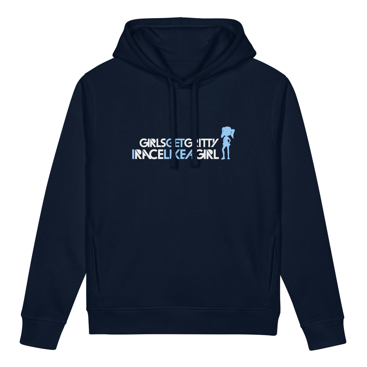 IRACELIKEAGIRL Stanley/Stella Sounder side pocket hoodie in French Navy with the white and sky blue GIRLSGETGRITTY IRACELIKEAGIRL logo on the front