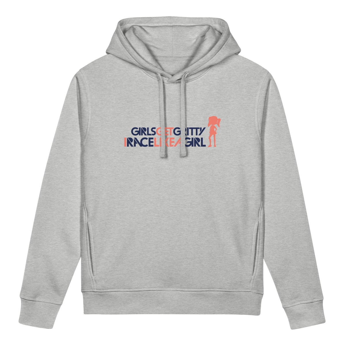 IRACELIKEAGIRL Stanley/Stella Sounder side pocket hoodie in Heather Grey with the navy and coral GIRLSGETGRITTY IRACELIKEAGIRL logo on the front