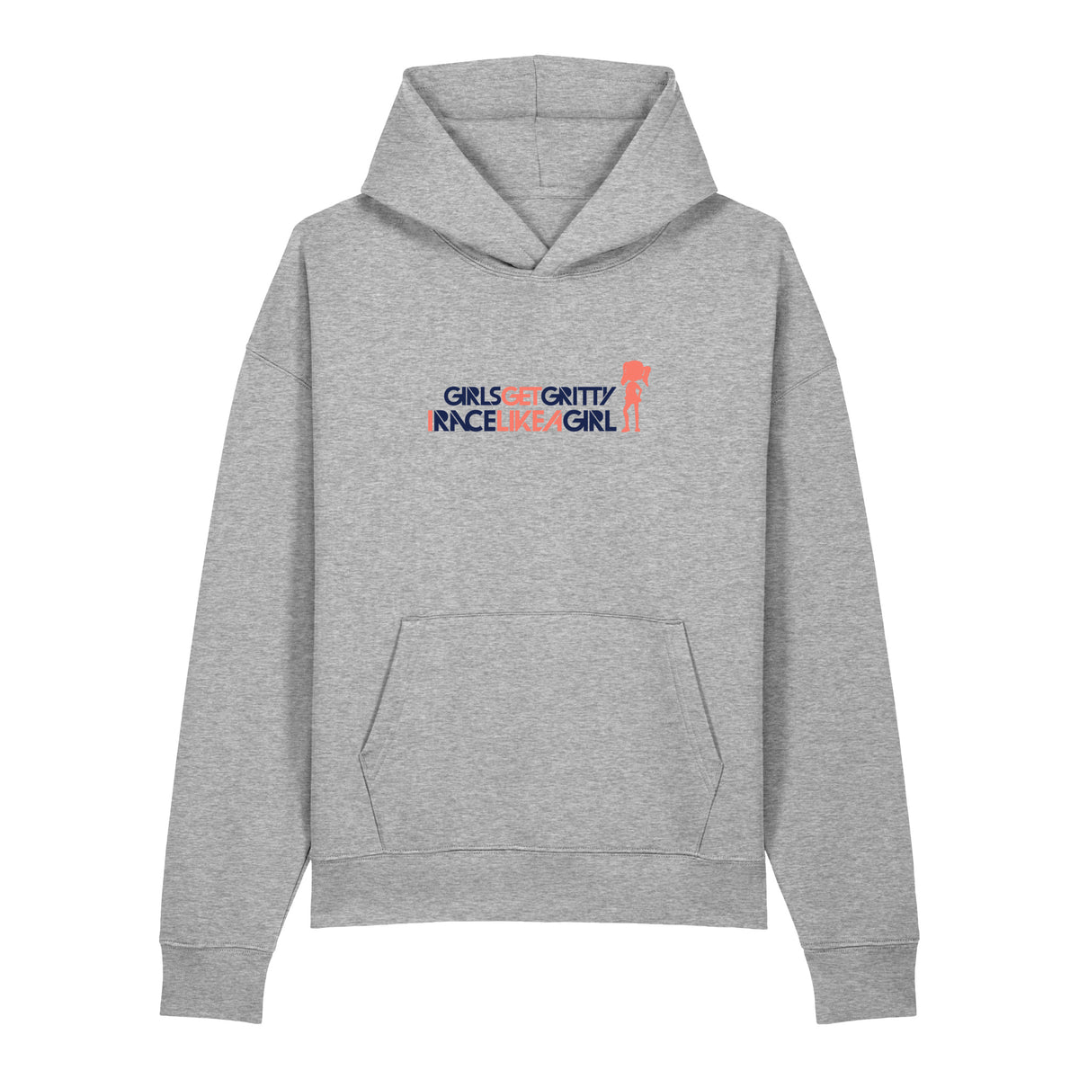 IRACELIKEAGIRL Stanley/Stella Chaser relaxed fit hoodie in Heather Grey with the navy and coral GIRLSGETGRITTY IRACELIKEAGIRL logo on the front