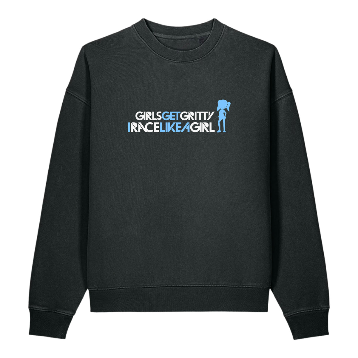 IRACELIKEAGIRL Stanley/Stella Easer vintage crewneck sweatshirt in Black Rock with the white and sky blue GIRLSGETGRITTY IRACELIKEAGIRL logo on the front