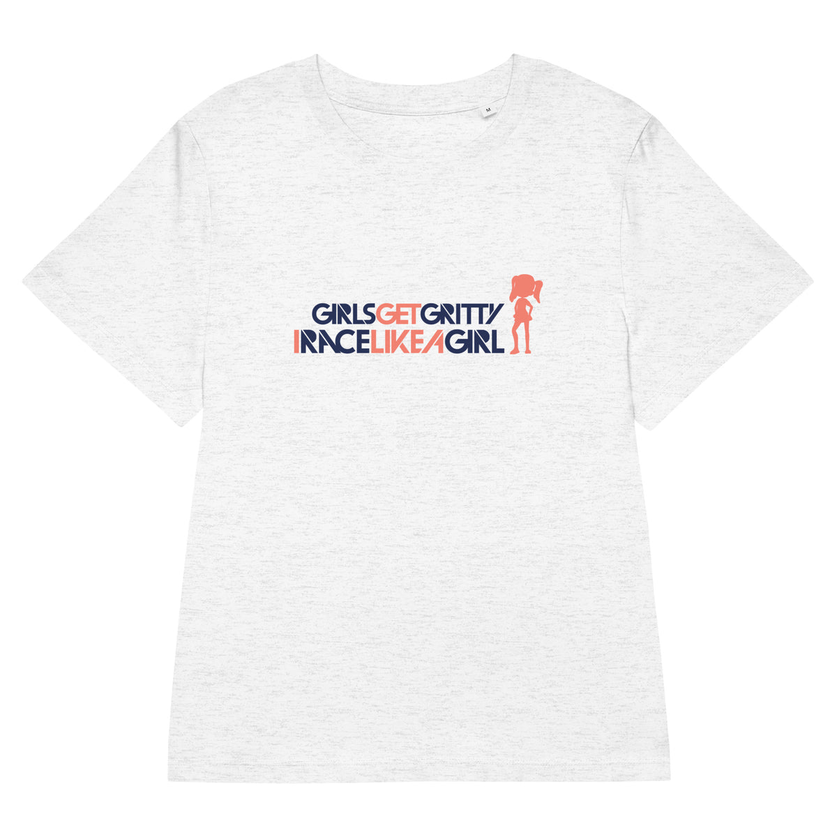 IRACELIKEAGIRL Stanley/Stella Muser women's tee in Cool Heather Grey with the navy and coral GIRLSGETGRITTY IRACELIKEAGIRL logo on the front