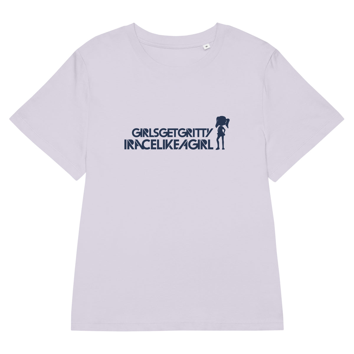 IRACELIKEAGIRL Stanley/Stella Muser women's tee in Lavender with the navy GIRLSGETGRITTY IRACELIKEAGIRL logo on the front