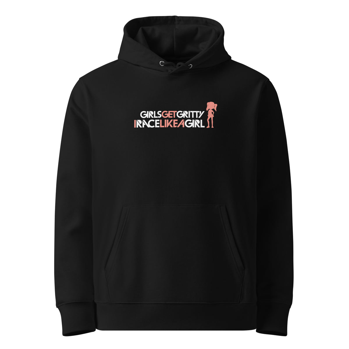 IRACELIKEAGIRL Stanley/Stella Cruiser hoodie in Black with the white and coral GIRLSGETGRITTY IRACELIKEAGIRL logo on the front