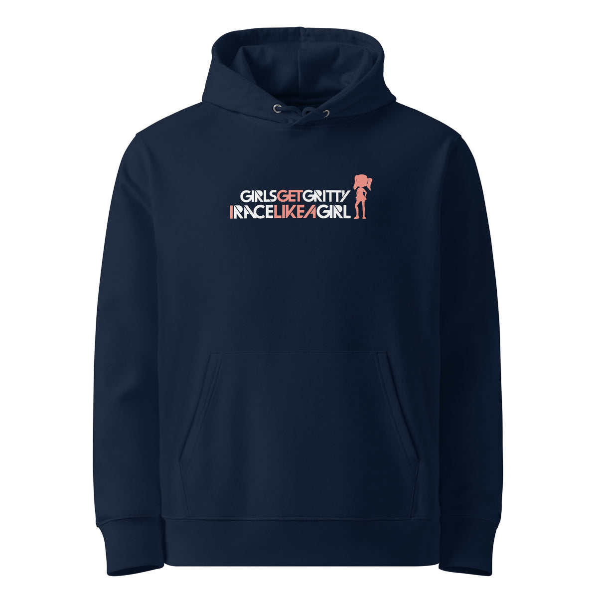 IRACELIKEAGIRL Stanley/Stella Cruiser hoodie in French Navy with the white and coral GIRLSGETGRITTY IRACELIKEAGIRL logo on the front