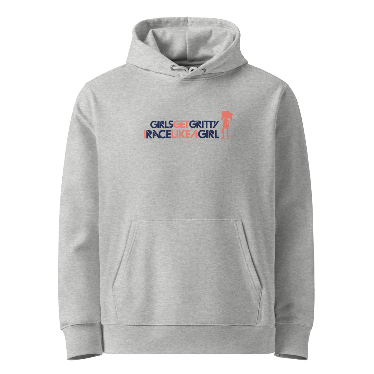 IRACELIKEAGIRL Stanley/Stella Cruiser hoodie in Heather Grey with the navy and coral GIRLSGETGRITTY IRACELIKEAGIRL logo on the front