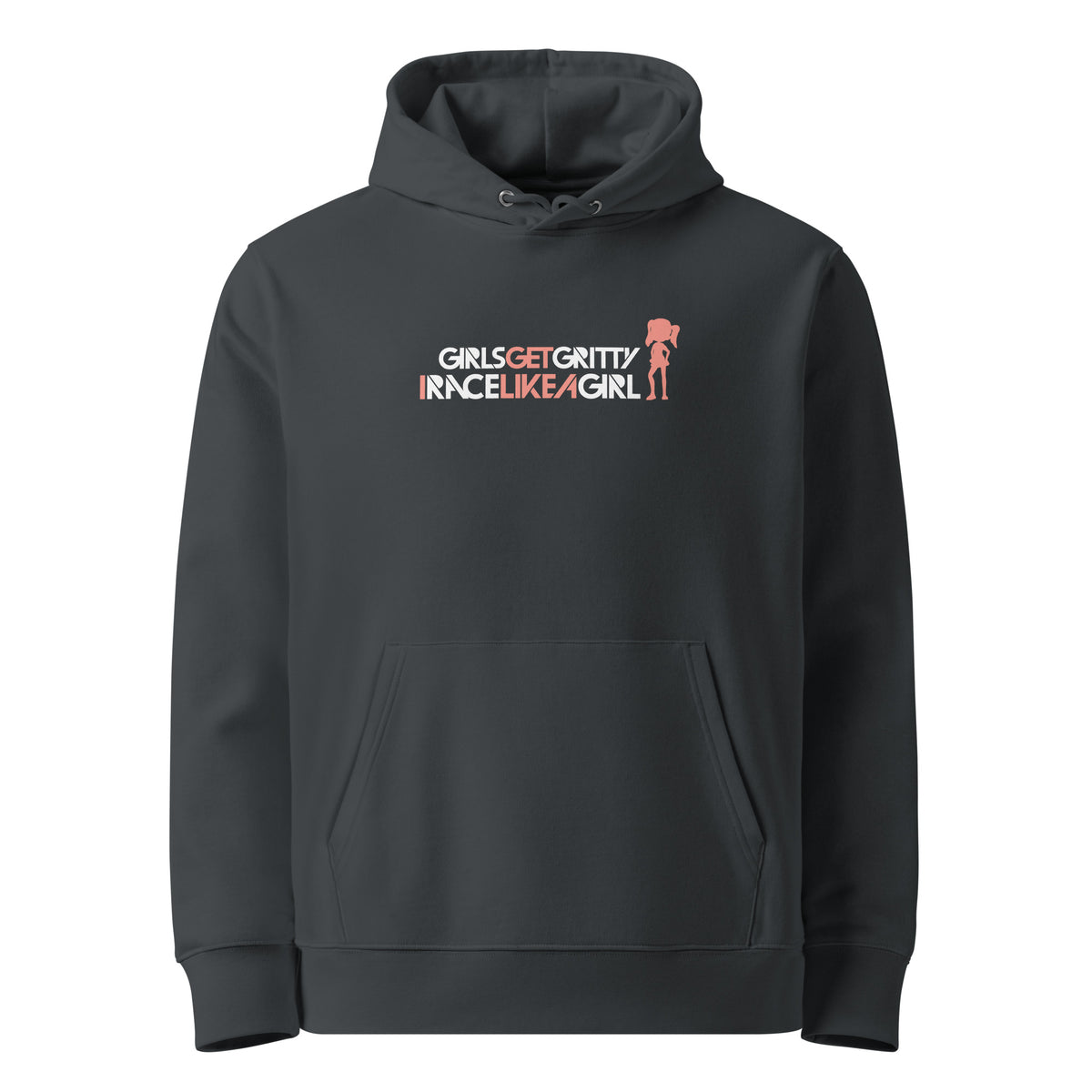 IRACELIKEAGIRL Stanley/Stella Cruiser hoodie in India Ink Grey with the white and coral GIRLSGETGRITTY IRACELIKEAGIRL logo on the front