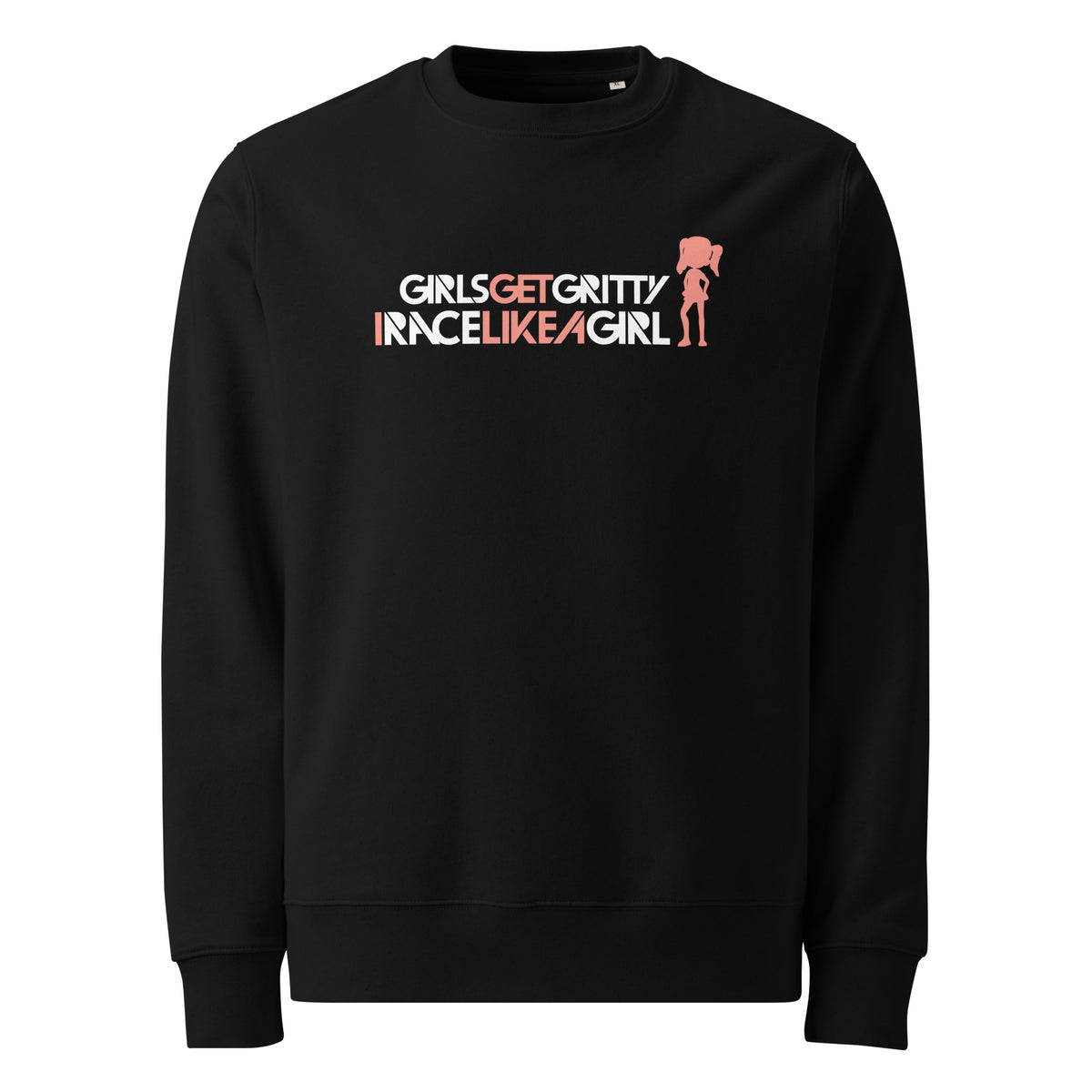 IRACELIKEAGIRL Stanley/Stella Changer crewneck sweatshirt in Black with the white and coral GIRLSGETGRITTY IRACELIKEAGIRL logo on the front