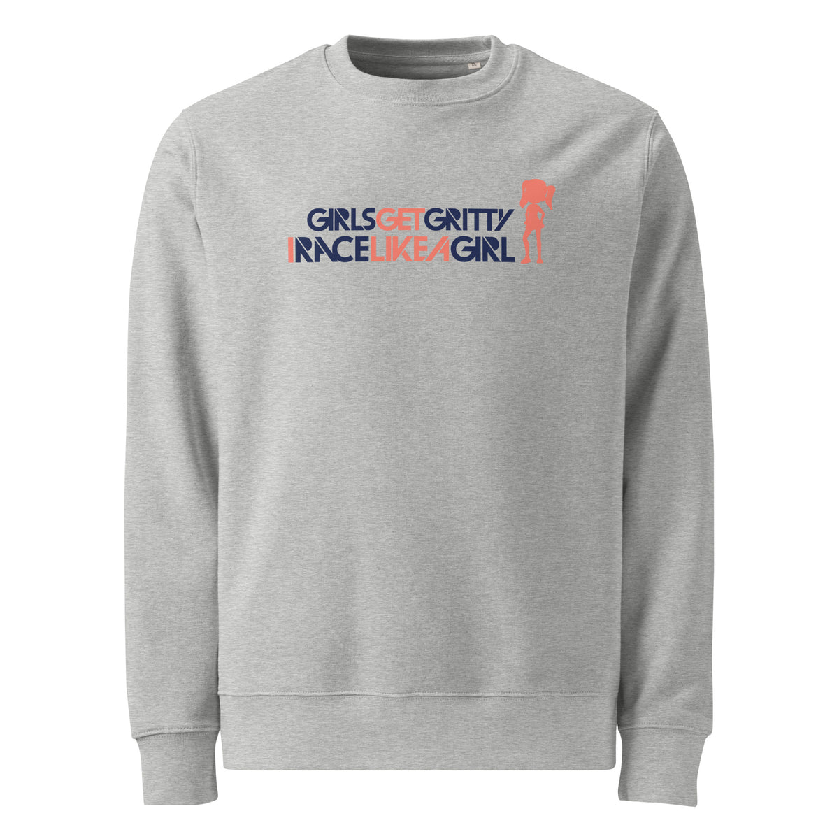IRACELIKEAGIRL Stanley/Stella Changer crewneck sweatshirt in Heather Grey with the navy and coral GIRLSGETGRITTY IRACELIKEAGIRL logo on the front