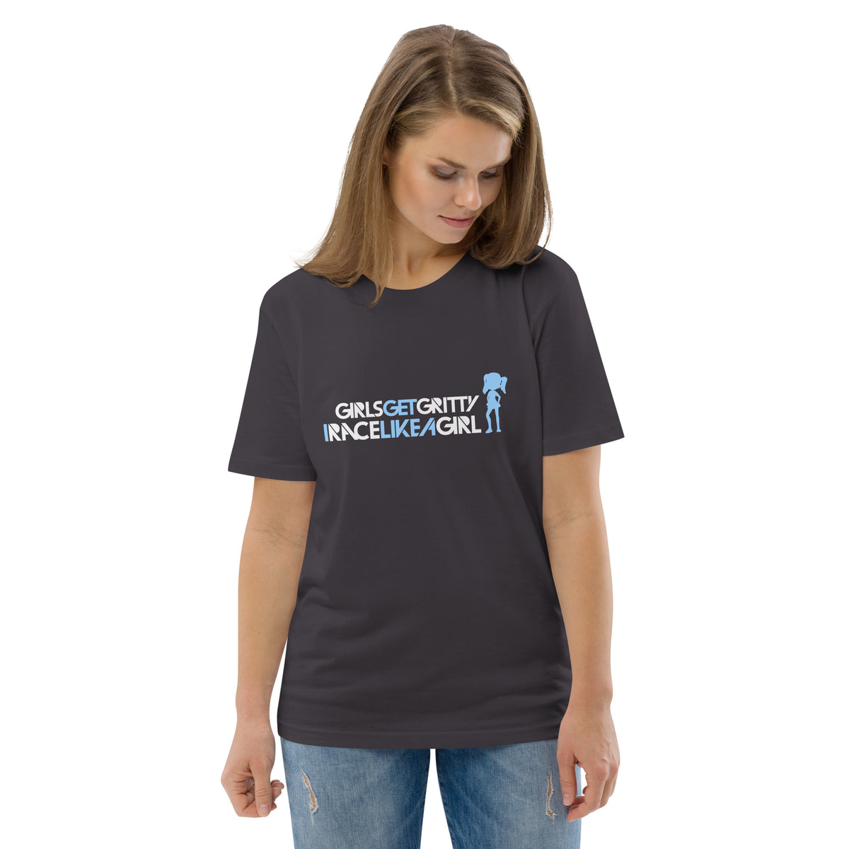 Model wearing the IRACELIKEAGIRL Stanley/Stella Creator unisex tee in Anthracite with the white and sky blue GIRLSGETGRITTY IRACELIKEAGIRL logo on the front