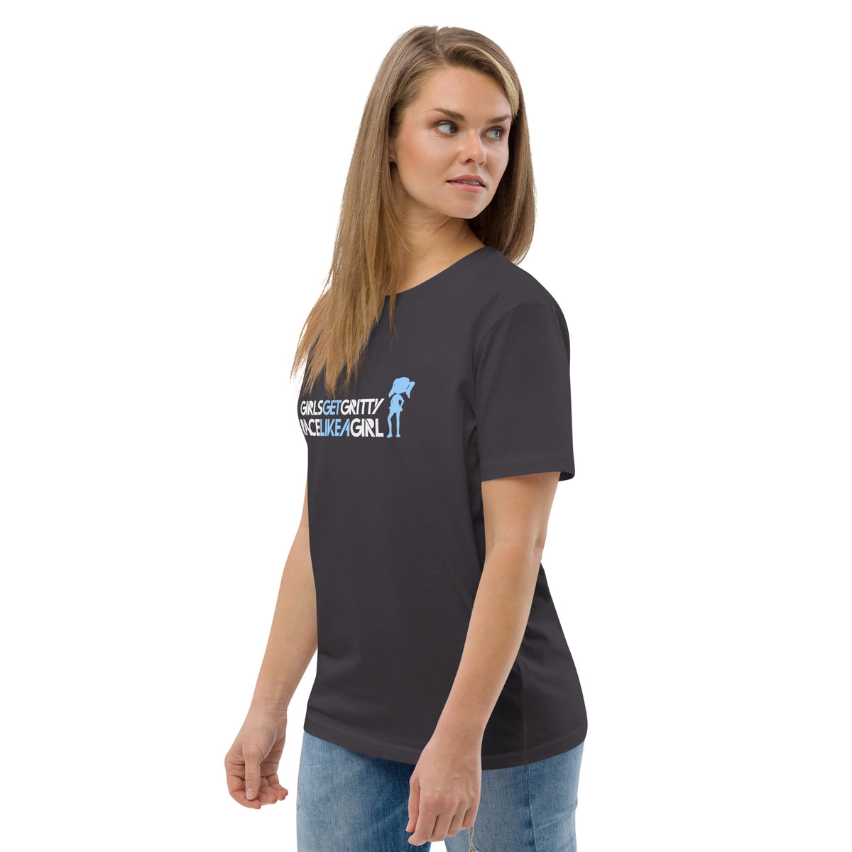 Model wearing the IRACELIKEAGIRL Stanley/Stella Creator unisex tee in Anthracite with the white and sky blue GIRLSGETGRITTY IRACELIKEAGIRL logo on the front