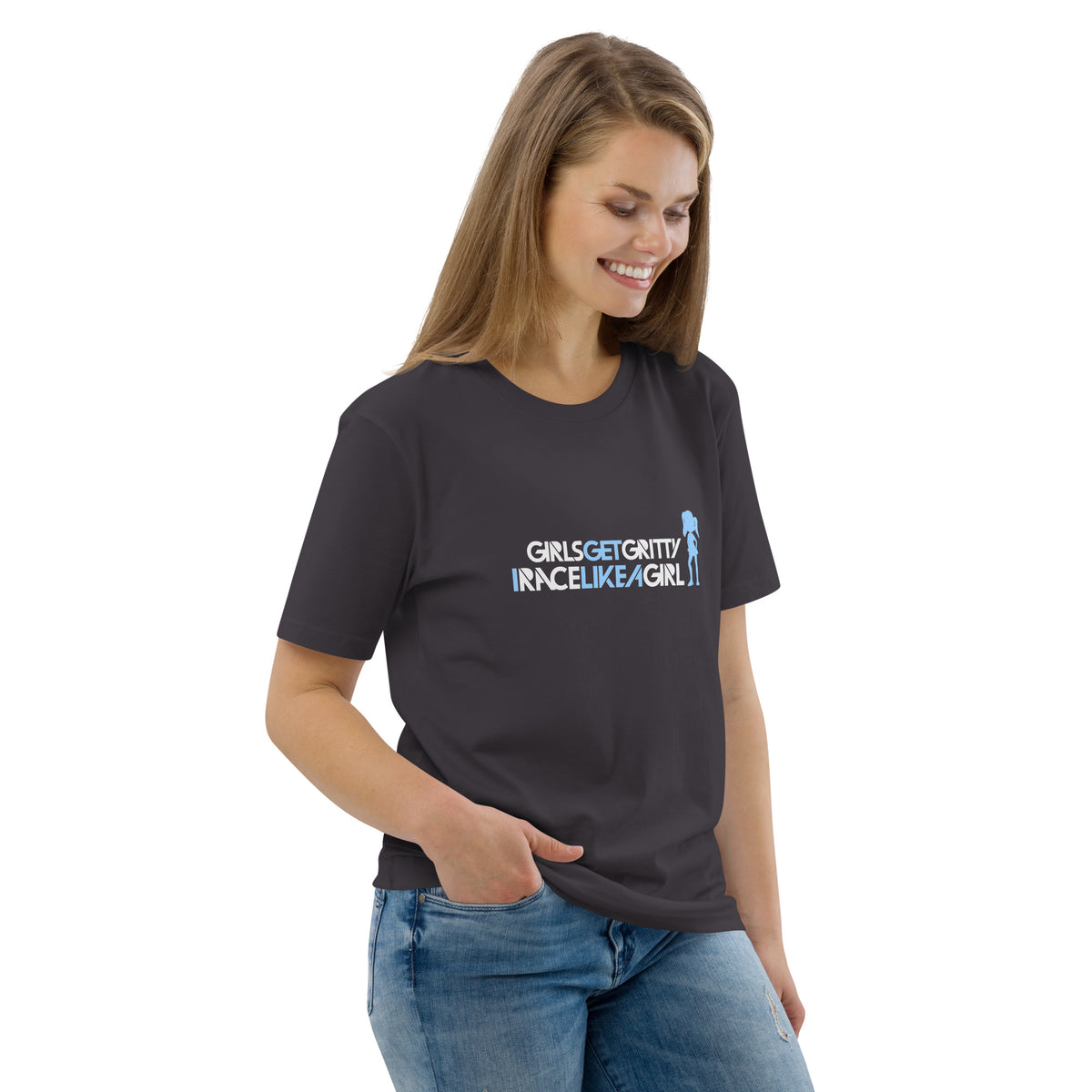 Model wearing the IRACELIKEAGIRL Stanley/Stella Creator unisex tee in Anthracite with the white and sky blue GIRLSGETGRITTY IRACELIKEAGIRL logo on the front