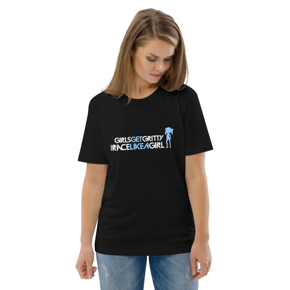 Model wearing the IRACELIKEAGIRL Stanley/Stella Creator unisex tee in Black with the white and sky blue GIRLSGETGRITTY IRACELIKEAGIRL logo on the front