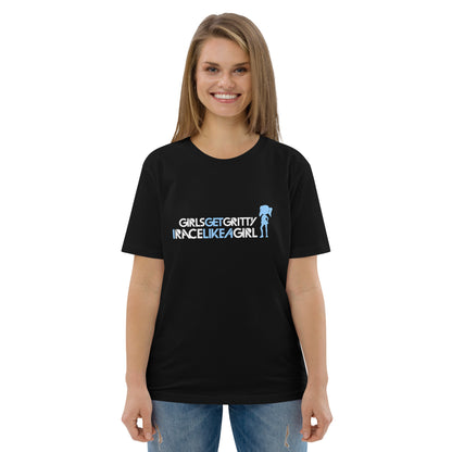 Model wearing the IRACELIKEAGIRL Stanley/Stella Creator unisex tee in Black with the white and sky blue GIRLSGETGRITTY IRACELIKEAGIRL logo on the front