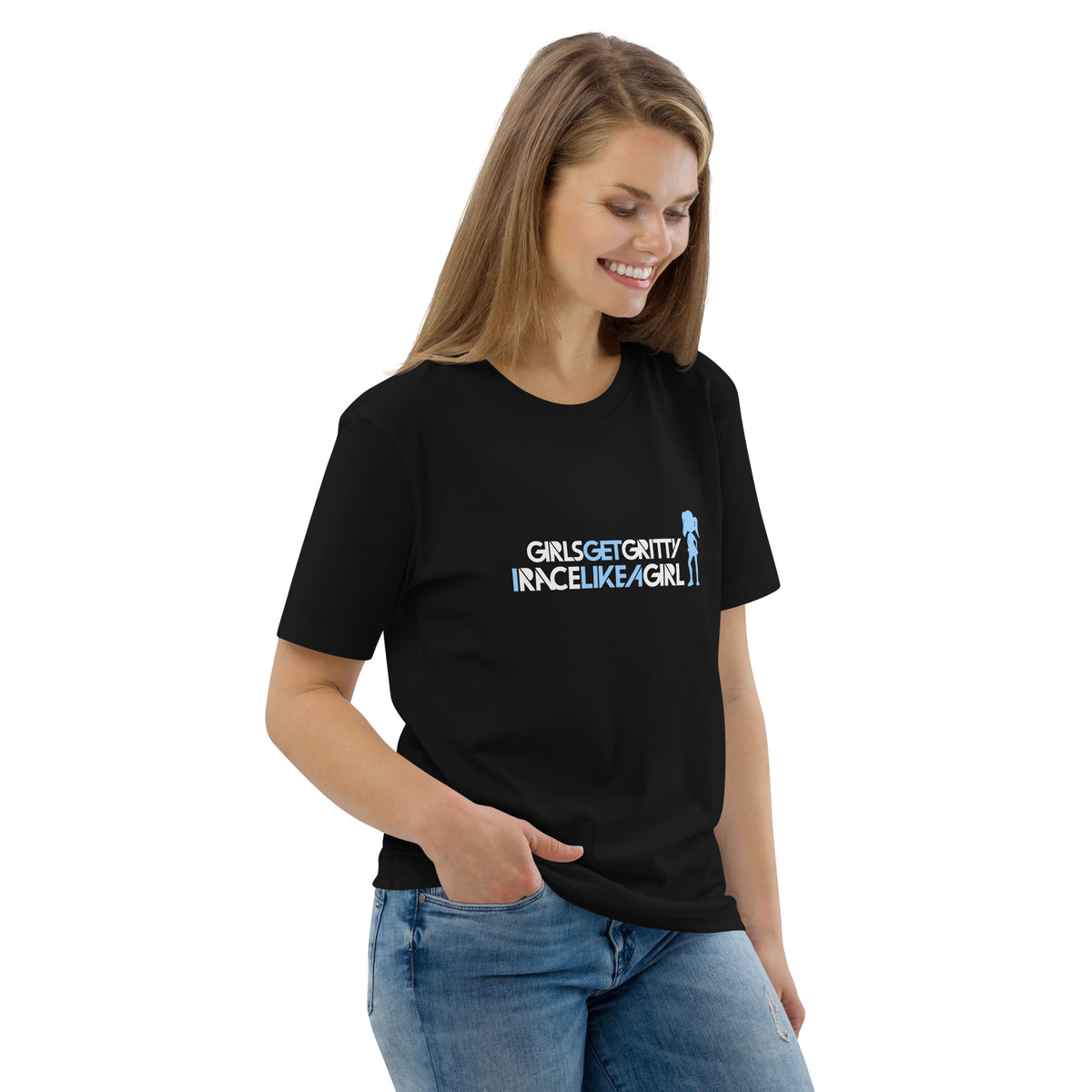 Model wearing the IRACELIKEAGIRL Stanley/Stella Creator unisex tee in Black with the white and sky blue GIRLSGETGRITTY IRACELIKEAGIRL logo on the front