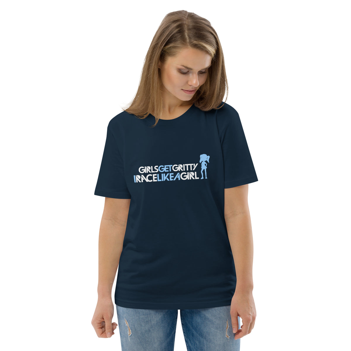 Model wearing the IRACELIKEAGIRL Stanley/Stella Creator unisex tee in French Navy with the white and sky blue GIRLSGETGRITTY IRACELIKEAGIRL logo on the front