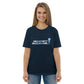Model wearing the IRACELIKEAGIRL Stanley/Stella Creator unisex tee in French Navy with the white and sky blue GIRLSGETGRITTY IRACELIKEAGIRL logo on the front