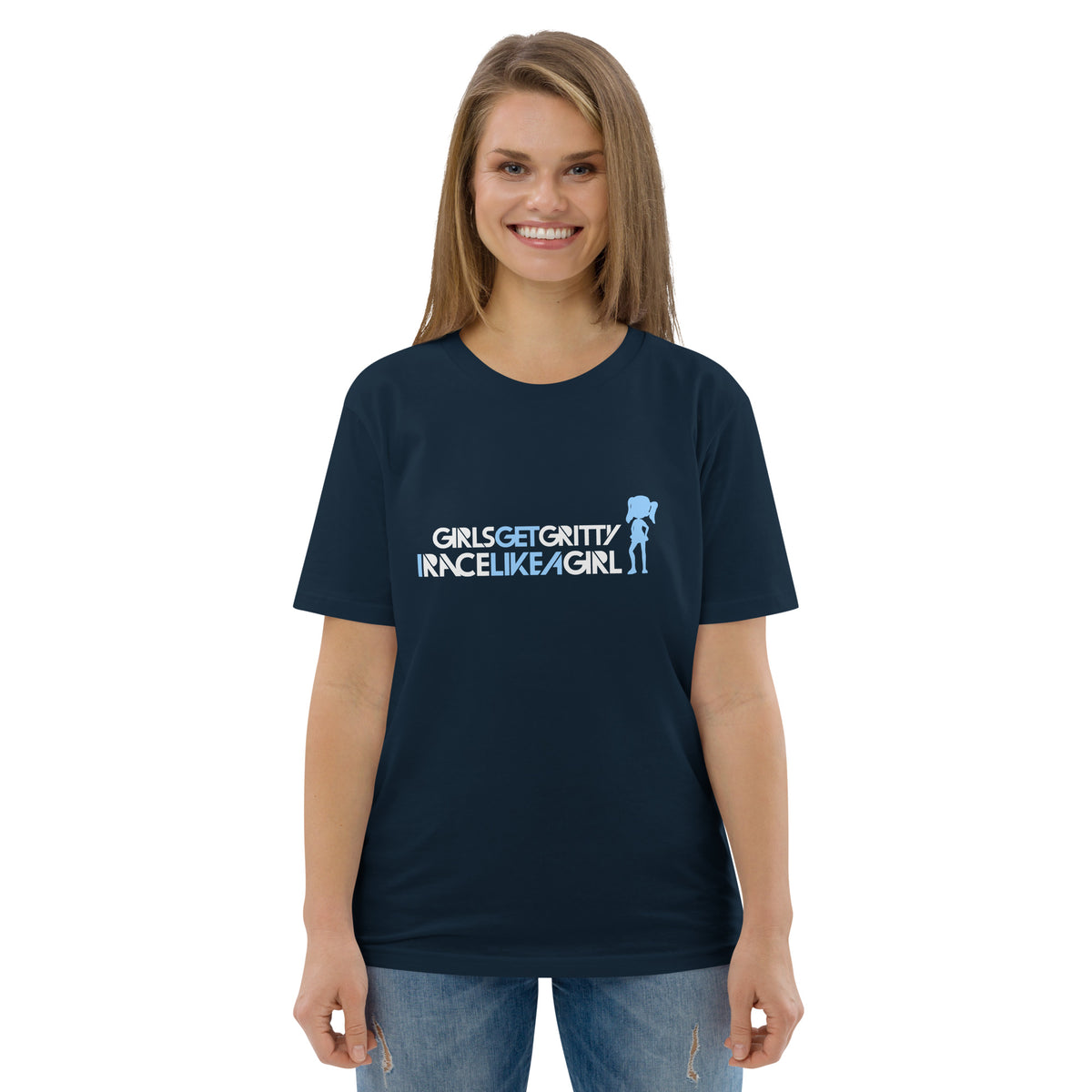 Model wearing the IRACELIKEAGIRL Stanley/Stella Creator unisex tee in French Navy with the white and sky blue GIRLSGETGRITTY IRACELIKEAGIRL logo on the front