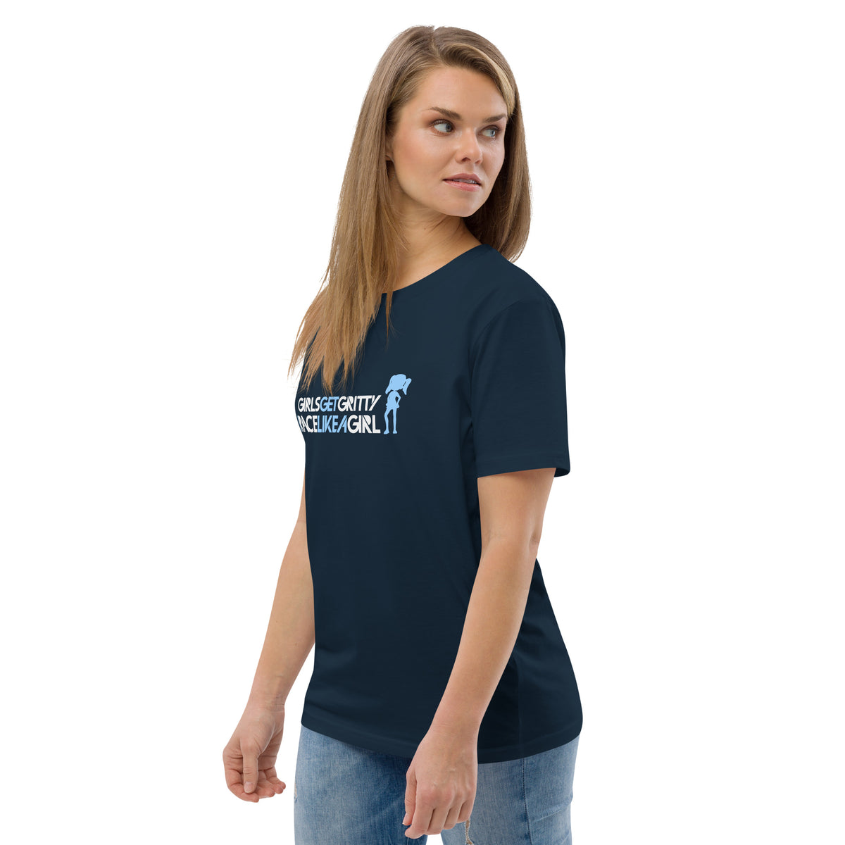 Model wearing the IRACELIKEAGIRL Stanley/Stella Creator unisex tee in French Navy with the white and sky blue GIRLSGETGRITTY IRACELIKEAGIRL logo on the front