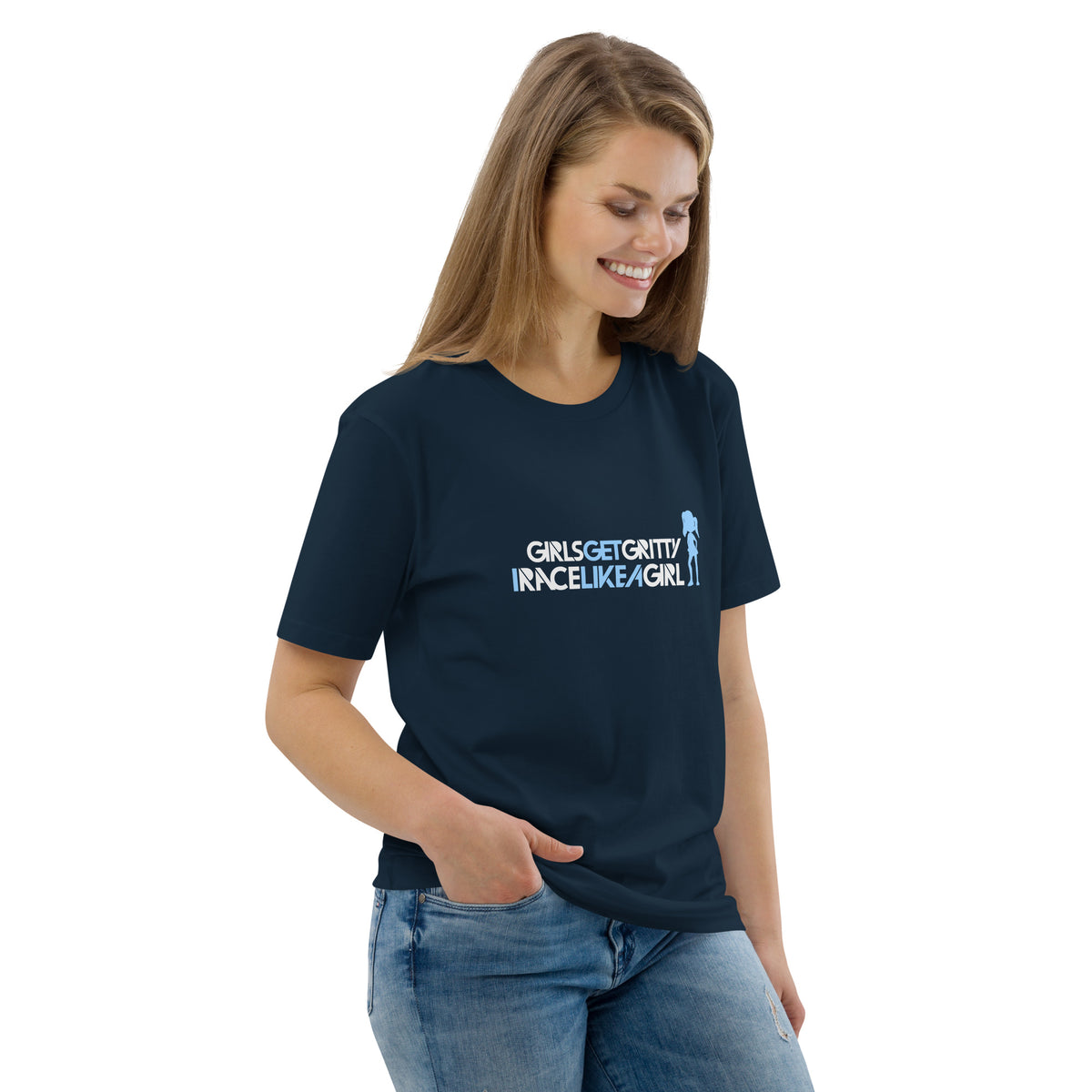 Model wearing the IRACELIKEAGIRL Stanley/Stella Creator unisex tee in French Navy with the white and sky blue GIRLSGETGRITTY IRACELIKEAGIRL logo on the front
