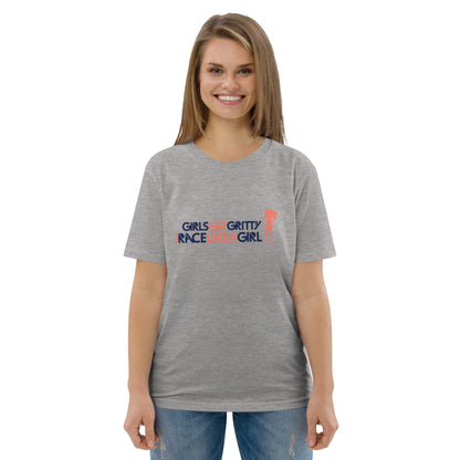 Model wearing the IRACELIKEAGIRL Stanley/Stella Creator unisex tee in Heather Grey with the navy and coral GIRLSGETGRITTY IRACELIKEAGIRL logo on the front