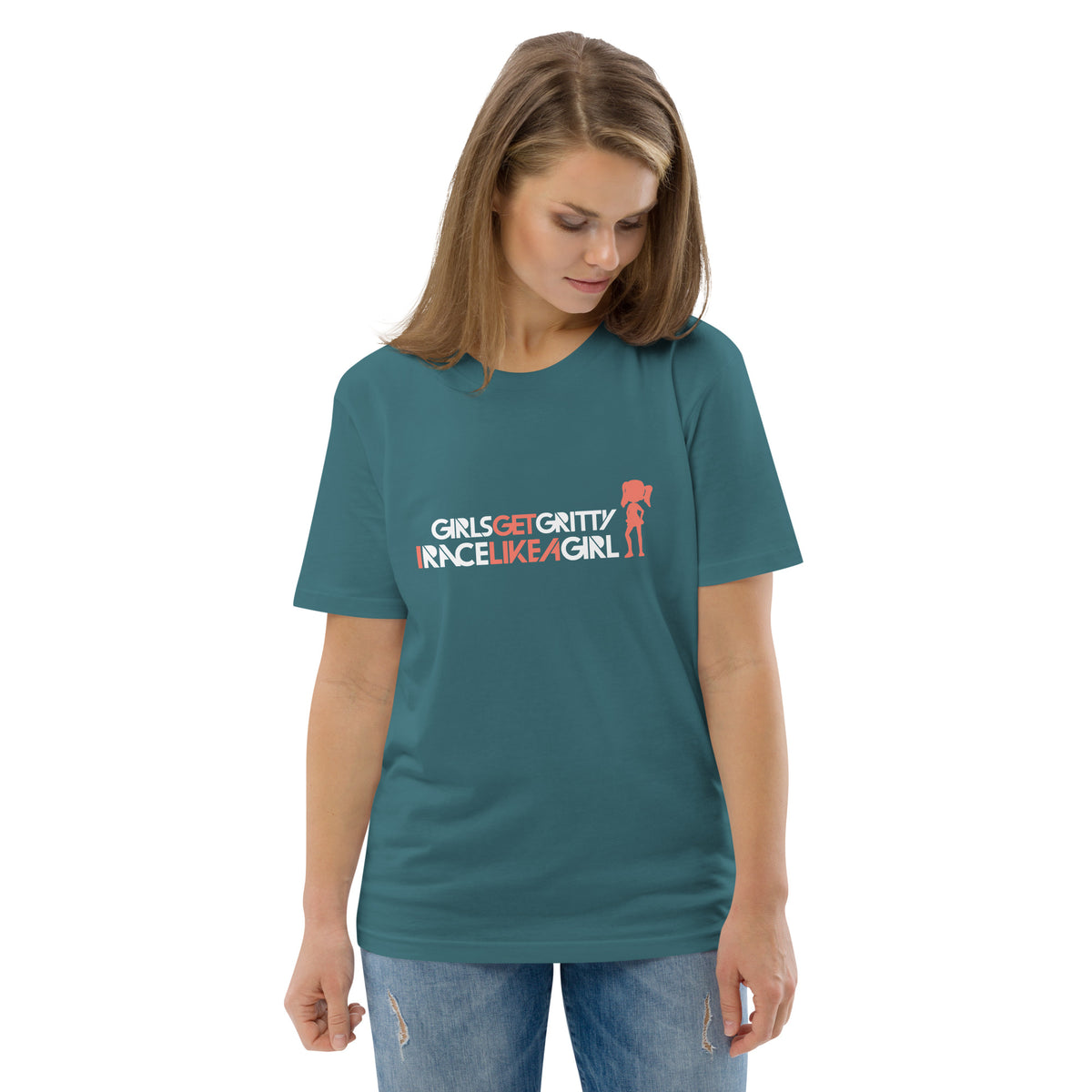 Model wearing the IRACELIKEAGIRL Stanley/Stella Creator unisex tee in Stargazer with the white and coral GIRLSGETGRITTY IRACELIKEAGIRL logo on the front