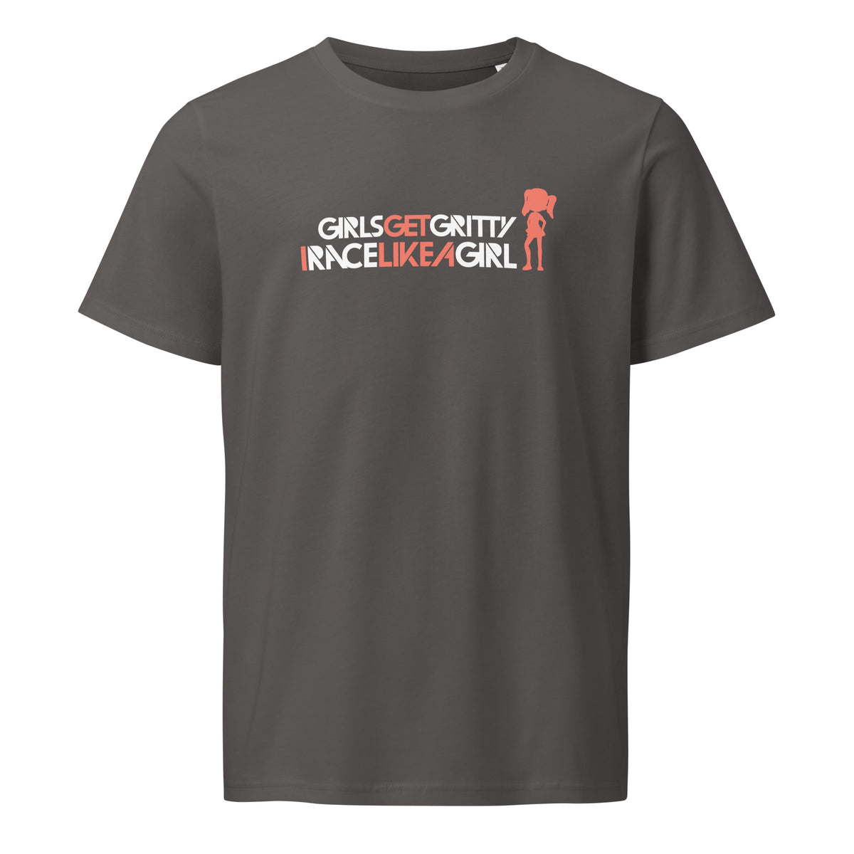 IRACELIKEAGIRL Stanley/Stella Crafter unisex tee in Anthracite with the white and coral GIRLSGETGRITTY IRACELIKEAGIRL logo on the front