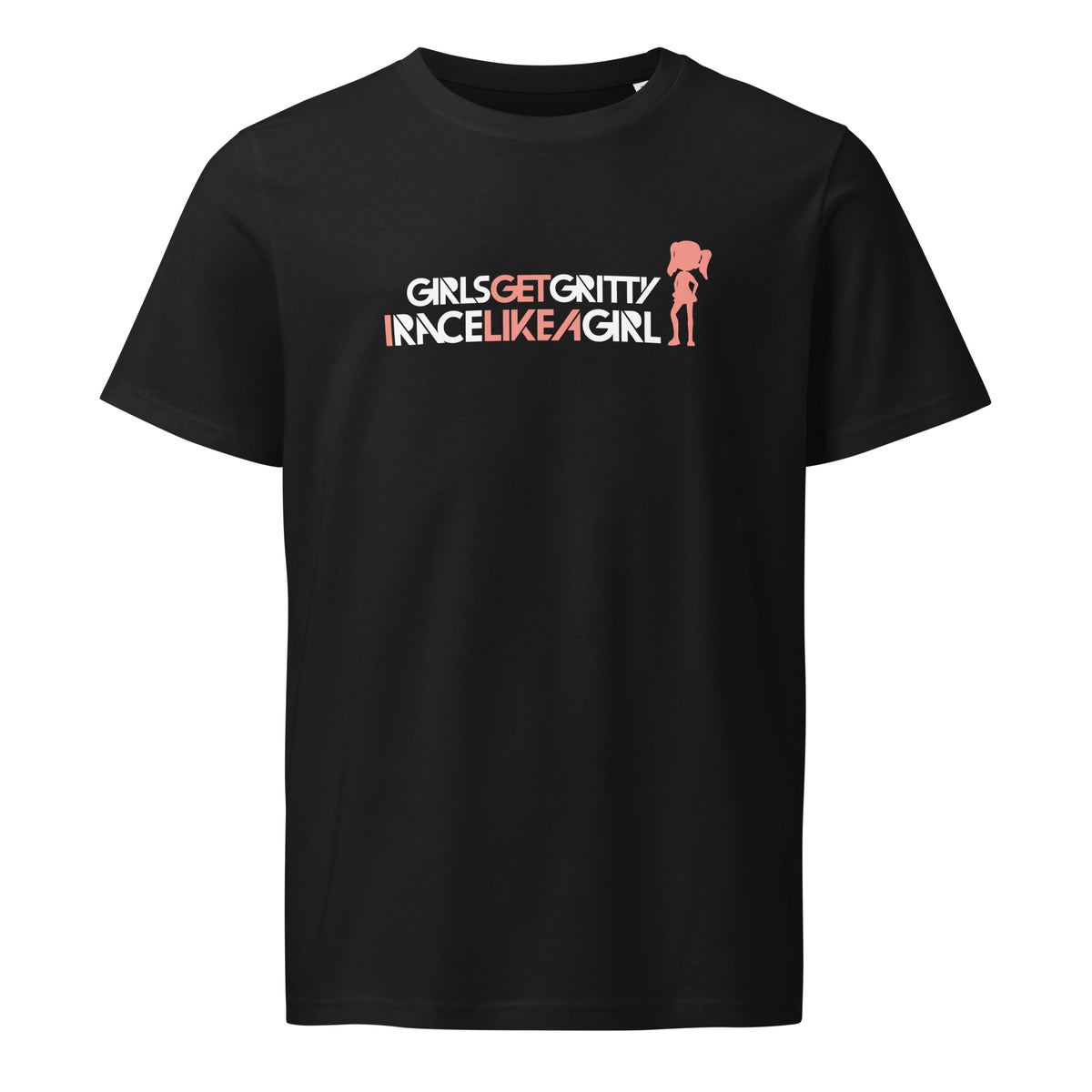 IRACELIKEAGIRL Stanley/Stella Crafter unisex tee in Black with the white and coral GIRLSGETGRITTY IRACELIKEAGIRL logo on the front