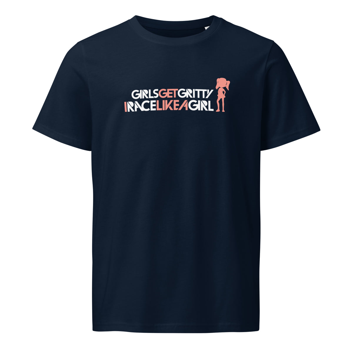 IRACELIKEAGIRL Stanley/Stella Crafter unisex tee in French Navy with the white and coral GIRLSGETGRITTY IRACELIKEAGIRL logo on the front