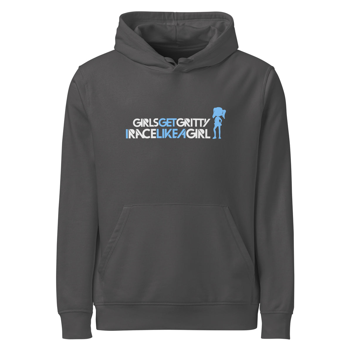 IRACELIKEAGIRL Stanley/Stella Drummer hoodie in Anthracite with the white and sky blue GIRLSGETGRITTY IRACELIKEAGIRL logo on the front