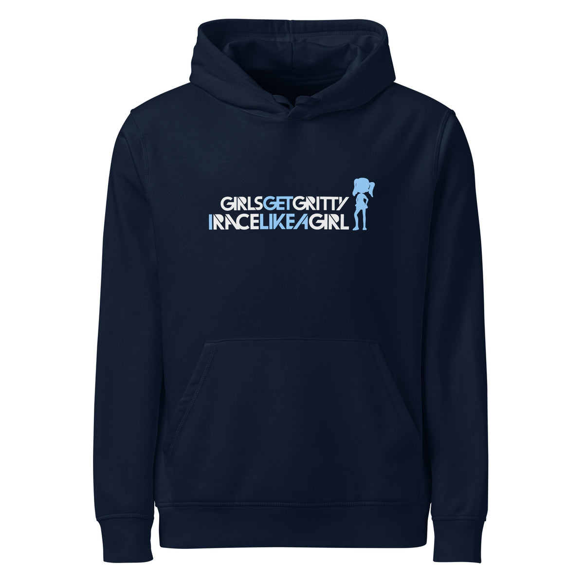 IRACELIKEAGIRL Stanley/Stella Drummer hoodie in French Navy with the white and sky blue GIRLSGETGRITTY IRACELIKEAGIRL logo on the front