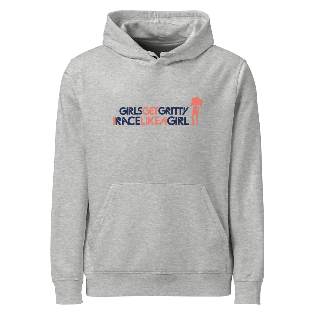 IRACELIKEAGIRL Stanley/Stella Drummer hoodie in Heather Grey with the navy and coral GIRLSGETGRITTY IRACELIKEAGIRL logo on the front