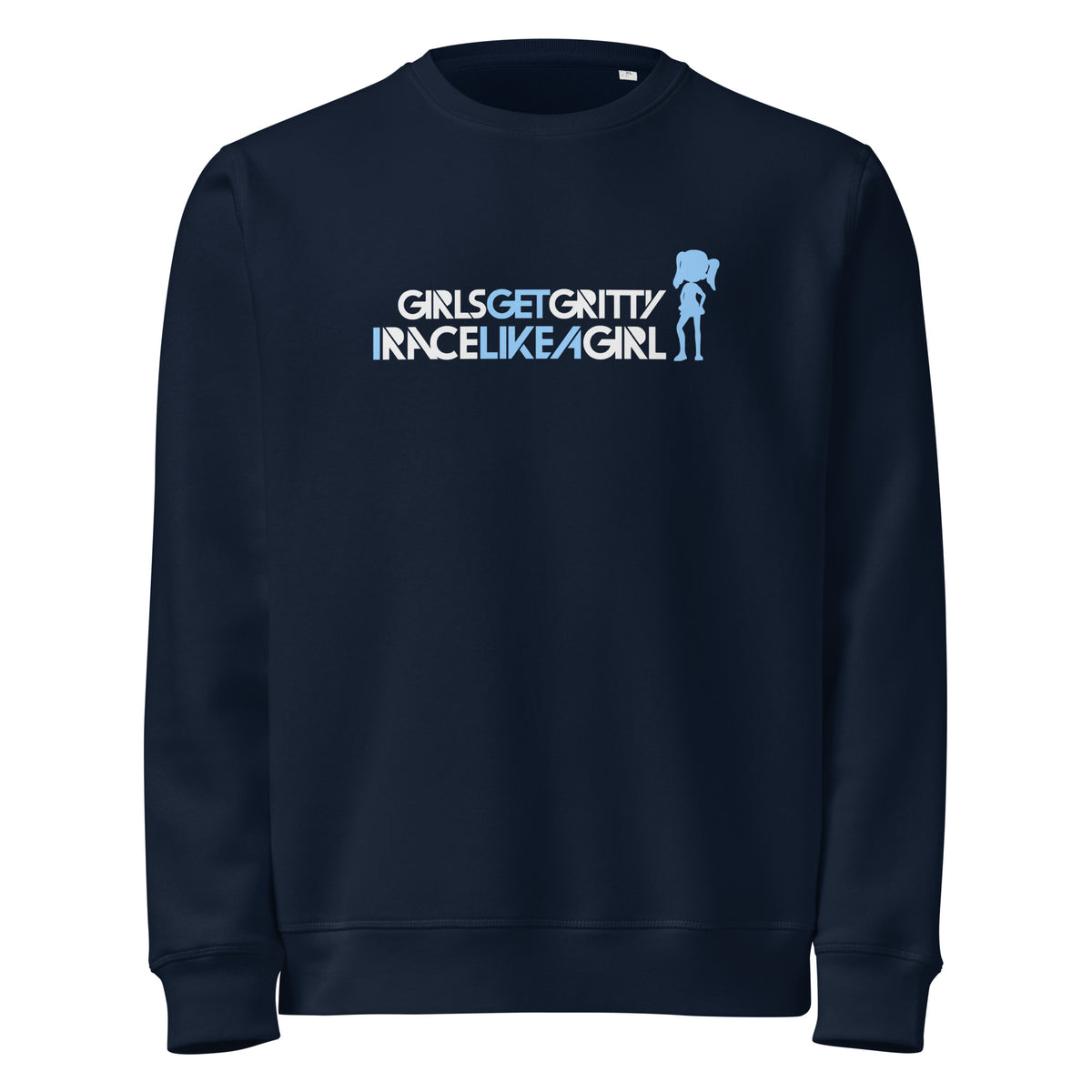 IRACELIKEAGIRL Stanley/Stella Roller crewneck sweatshirt in French Navy with the white and sky blue GIRLSGETGRITTY IRACELIKEAGIRL logo on the front