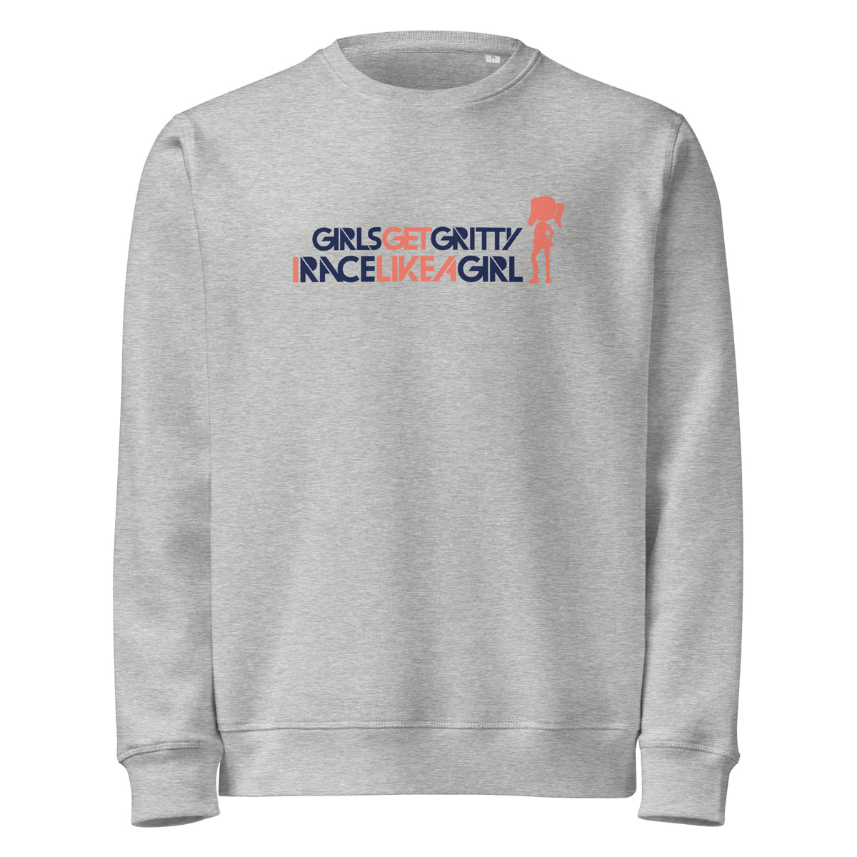 IRACELIKEAGIRL Stanley/Stella Roller crewneck sweatshirt in Heather Grey with the navy and coral GIRLSGETGRITTY IRACELIKEAGIRL logo on the front