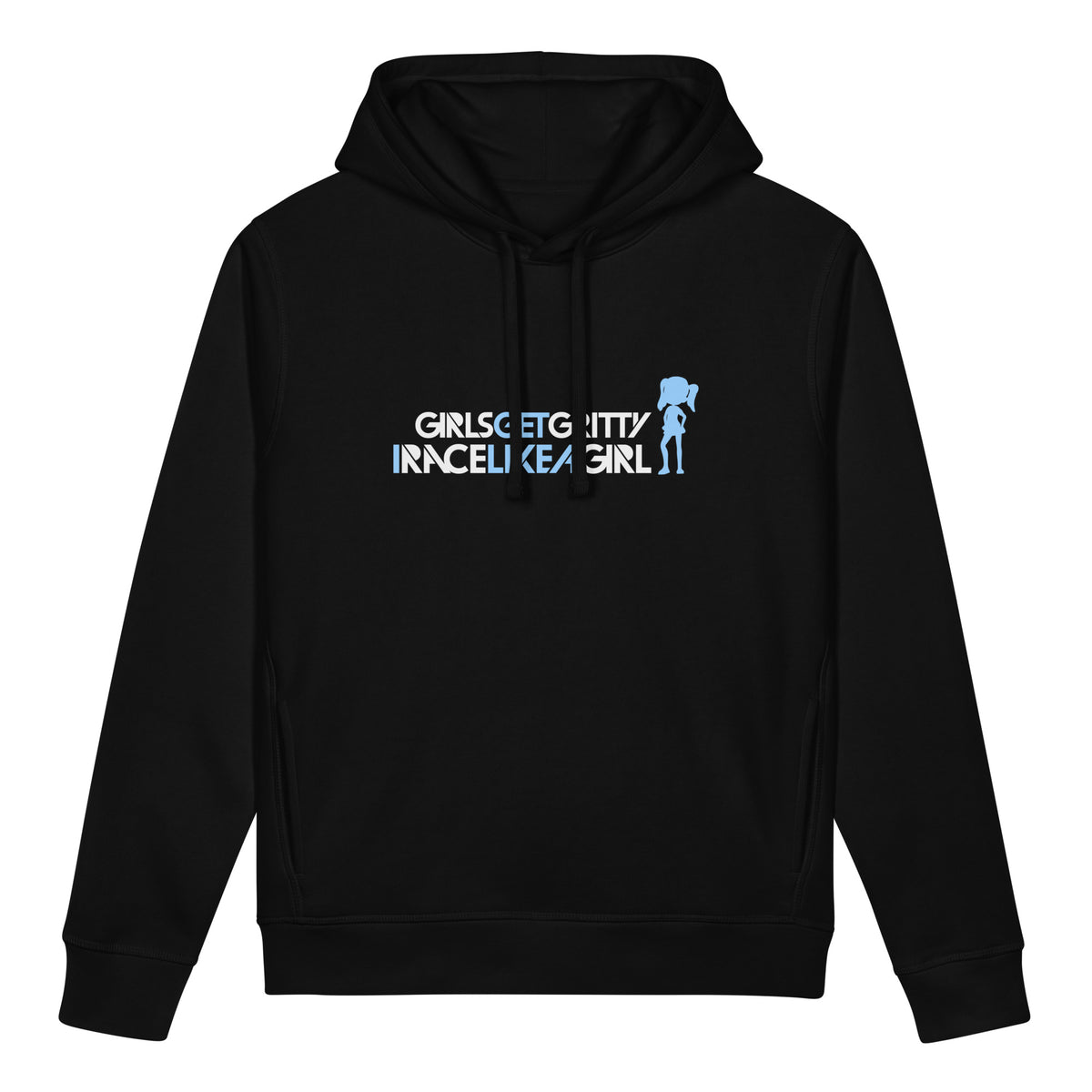 IRACELIKEAGIRL Stanley/Stella Sounder side pocket hoodie in Black with the white and sky blue GIRLSGETGRITTY IRACELIKEAGIRL logo on the front