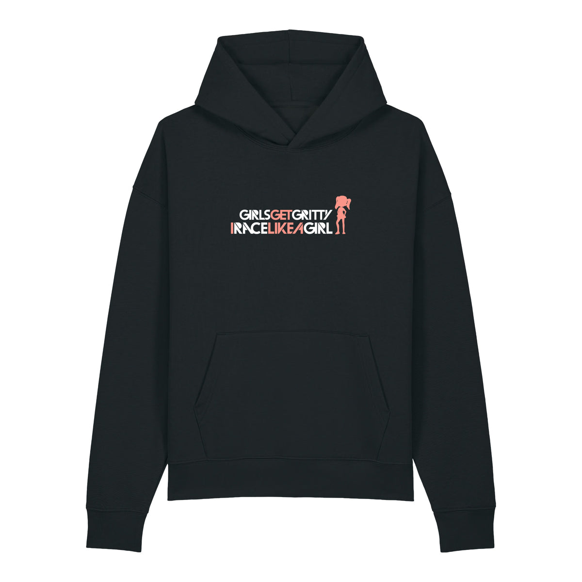 IRACELIKEAGIRL Stanley/Stella Chaser relaxed fit hoodie in Black with the white and coral GIRLSGETGRITTY IRACELIKEAGIRL logo on the front