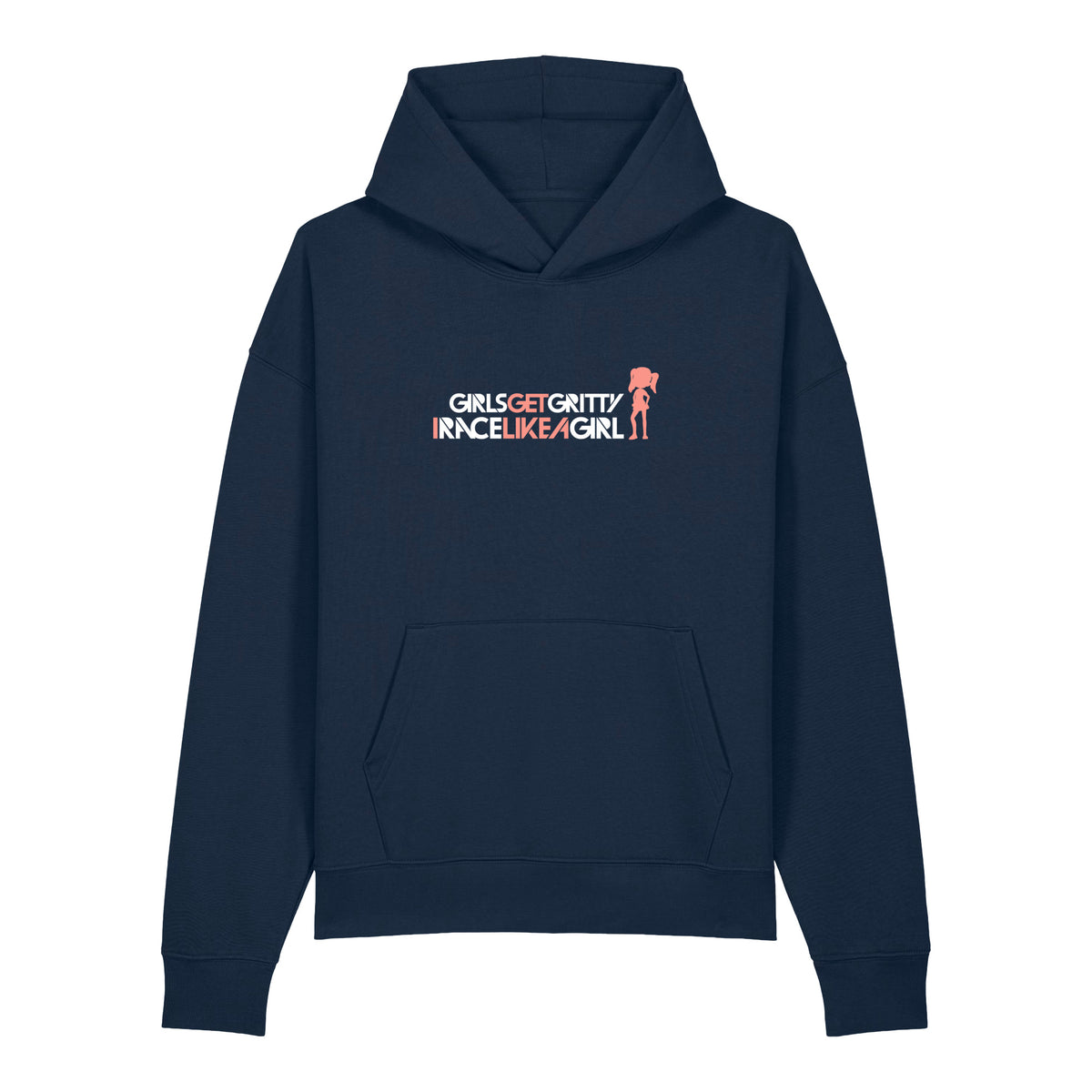 IRACELIKEAGIRL Stanley/Stella Chaser relaxed fit hoodie in French Navy with the white and coral GIRLSGETGRITTY IRACELIKEAGIRL logo on the front