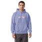 Model wearing the IRACELIKEAGIRL Stanley/Stella Chaser relaxed fit hoodie in Violet with the white and coral GIRLSGETGRITTY IRACELIKEAGIRL logo on the front