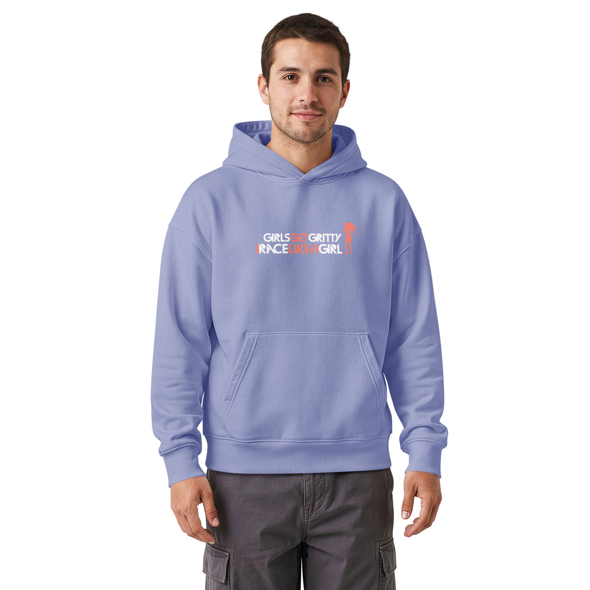Model wearing the IRACELIKEAGIRL Stanley/Stella Chaser relaxed fit hoodie in Violet with the white and coral GIRLSGETGRITTY IRACELIKEAGIRL logo on the front