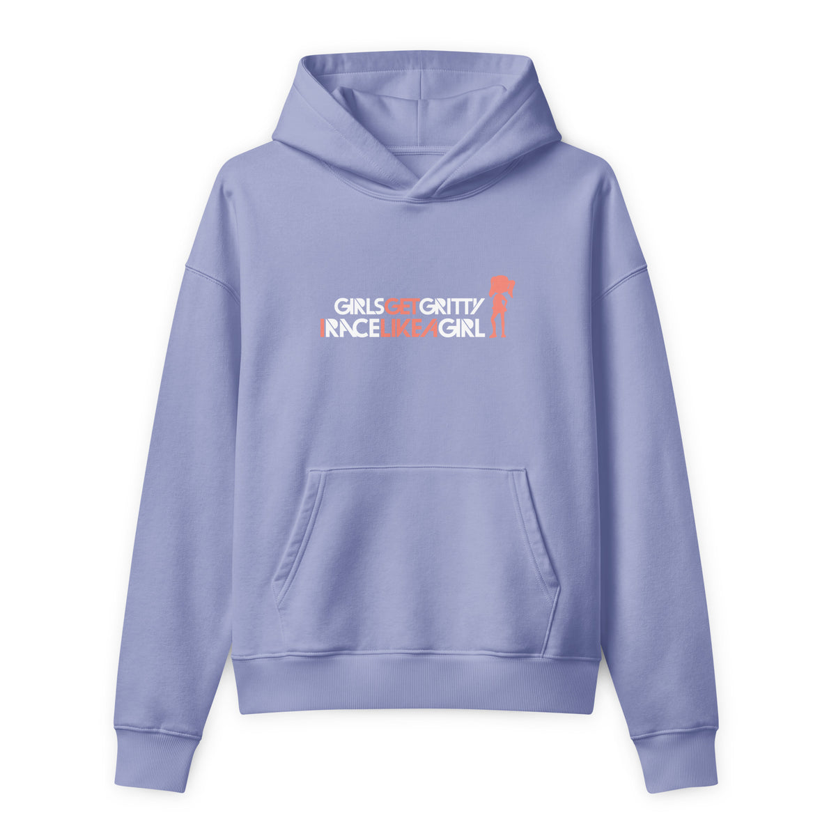 IRACELIKEAGIRL Stanley/Stella Chaser relaxed fit hoodie in Violet with the white and coral GIRLSGETGRITTY IRACELIKEAGIRL logo on the front