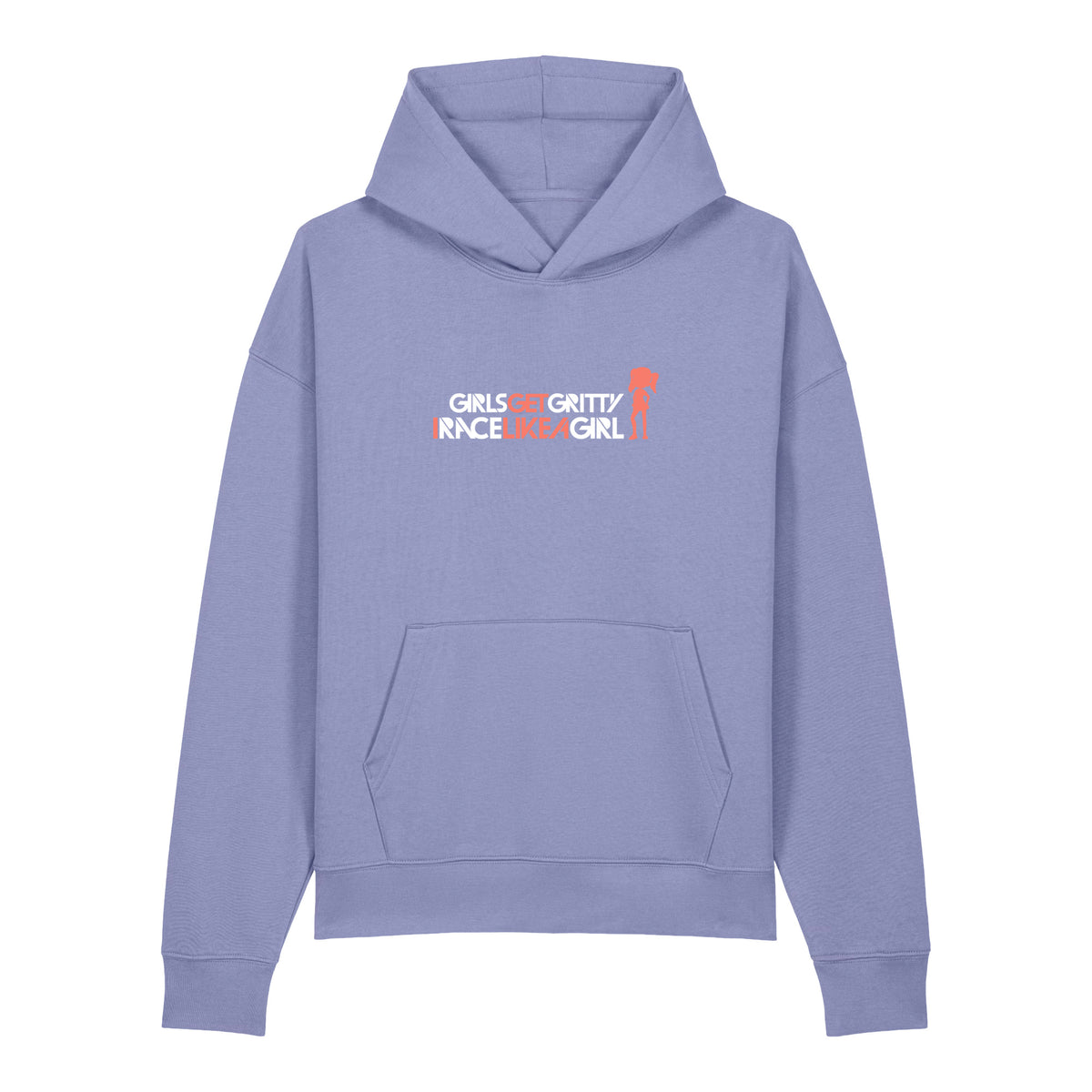 IRACELIKEAGIRL Stanley/Stella Chaser relaxed fit hoodie in Violet with the white and coral GIRLSGETGRITTY IRACELIKEAGIRL logo on the front