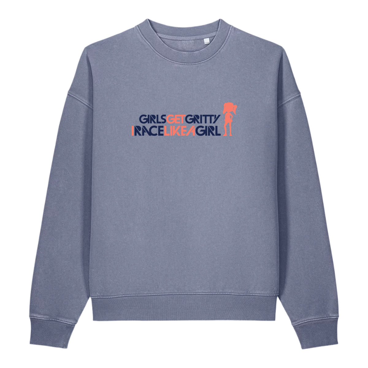 IRACELIKEAGIRL Stanley/Stella Easer vintage crewneck sweatshirt in Blue Grey with the navy and coral GIRLSGETGRITTY IRACELIKEAGIRL logo on the front