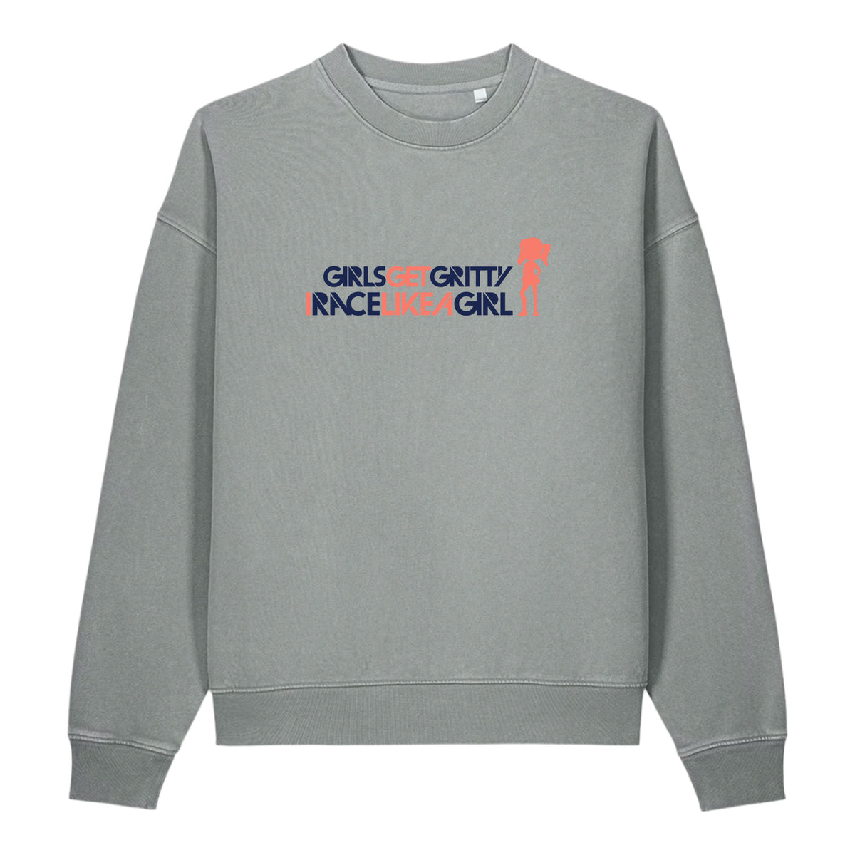 IRACELIKEAGIRL Stanley/Stella Easer vintage crewneck sweatshirt in Misty Grey with the navy and coral GIRLSGETGRITTY IRACELIKEAGIRL logo on the front