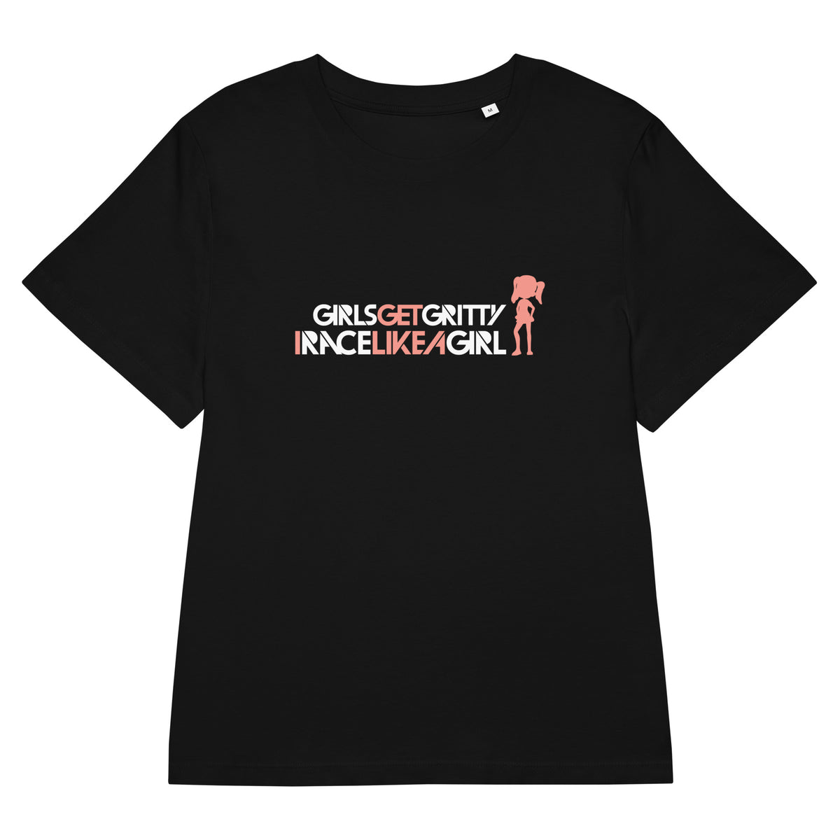 IRACELIKEAGIRL Stanley/Stella Muser women's tee in Black with the white and coral GIRLSGETGRITTY IRACELIKEAGIRL logo on the front