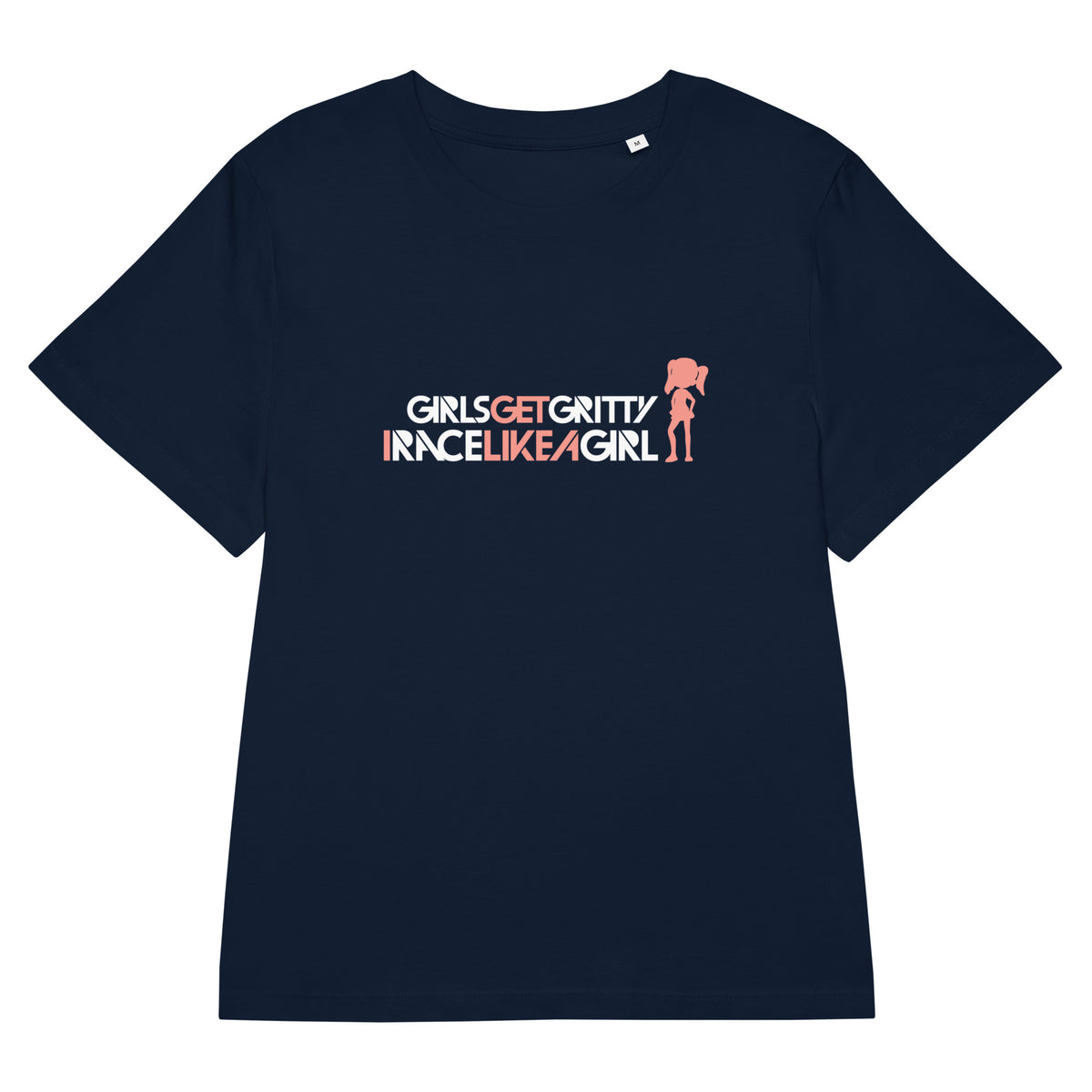 IRACELIKEAGIRL Stanley/Stella Muser women's tee in French Navy with the white and coral GIRLSGETGRITTY IRACELIKEAGIRL logo on the front