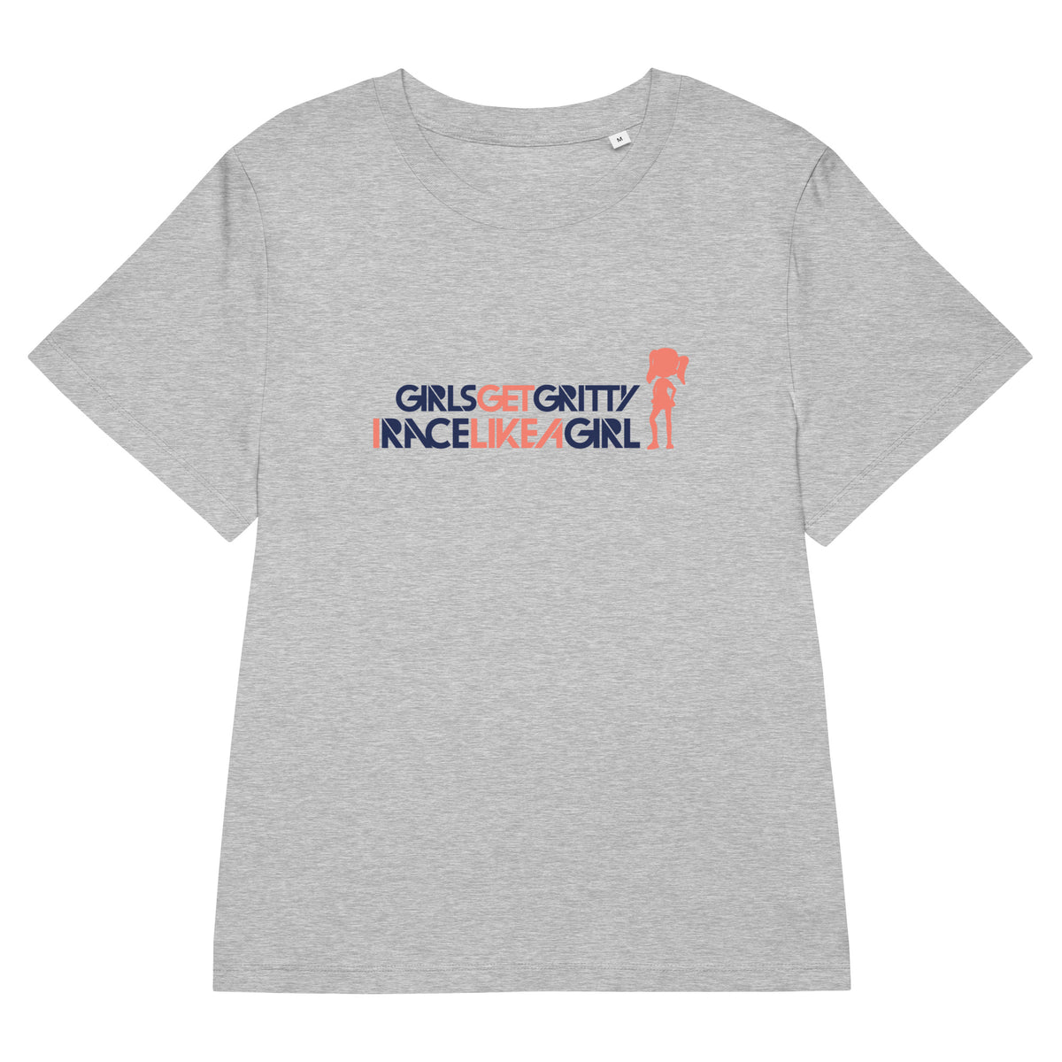 IRACELIKEAGIRL Stanley/Stella Muser women's tee in Heather Grey with the navy and coral GIRLSGETGRITTY IRACELIKEAGIRL logo on the front